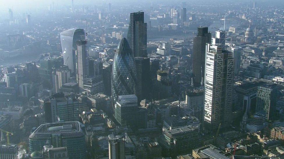 Ariel shot of London's eastern city cluster