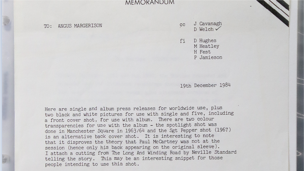 Photo of Beatles session full memorandum to PR staff