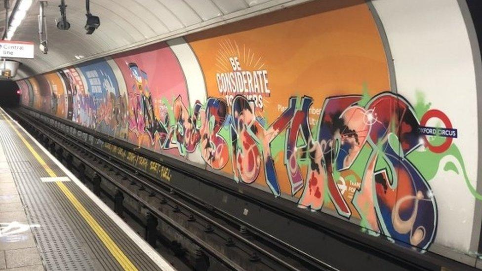 Graffiti discovered on the Victoria and Bakerloo line platforms at Oxford Circus station on Boxing Day