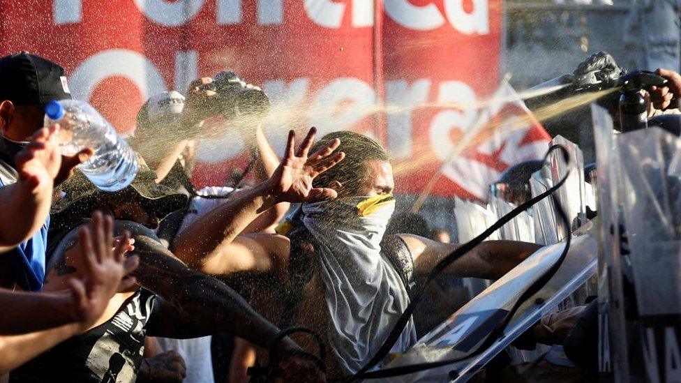 Law enforcement officers spray demonstrators as they protest outside the National Congress on the day of the debate on Argentina President Javier Milei's economic reform bill, known as the "omnibus bill," in Buenos Aires, Argentina, January 31, 2024.