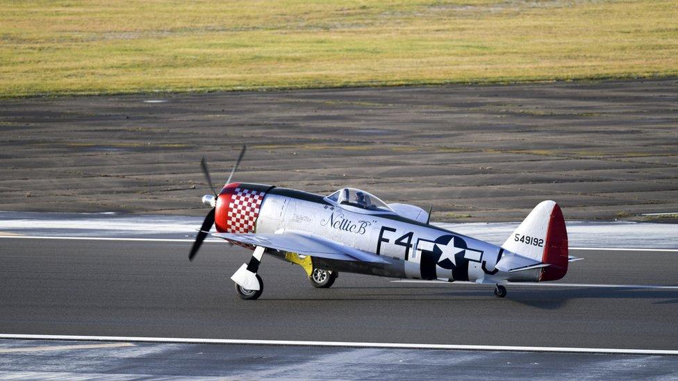 A P-47 Thunderbolt lands at Royal Air Force Lakenheath