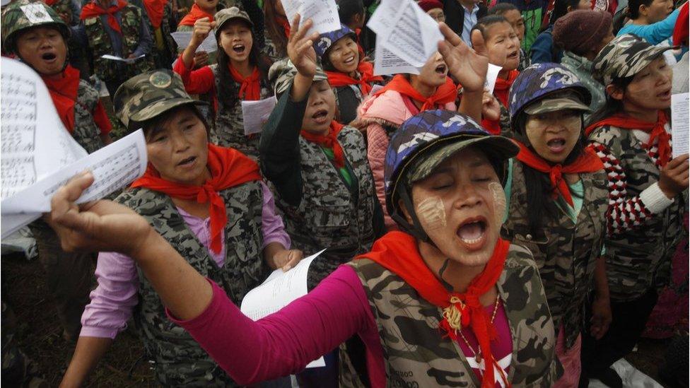 Female members of community based anti-narcotic campaigners known as The Pat Jasan members sing during a prayer meeting in Wai Maw, northern Kachin State, Myanmar, Sunday 21 Feb 2016