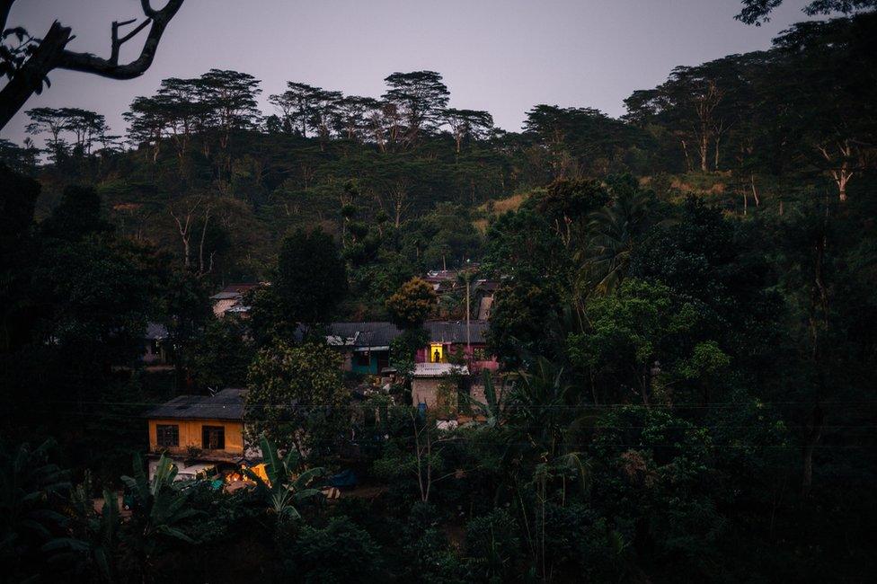 The sun sets over worker houses on a tea plantation near Kandy.