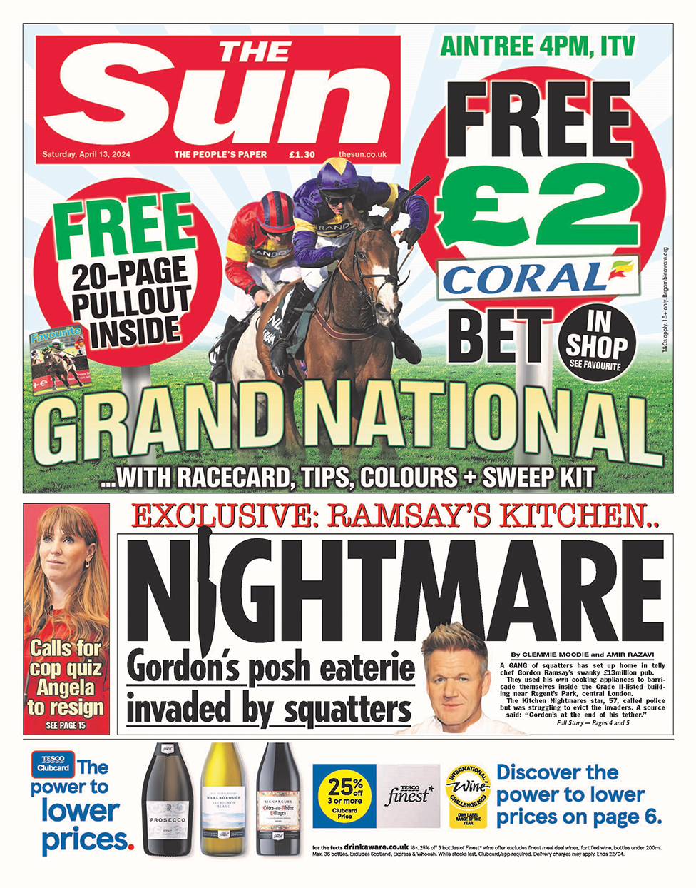 Sun headline reads: "Exclusive: Ramsay's Kitchen Nightmare". The I in Nightmare is shaped like a chef's knife.