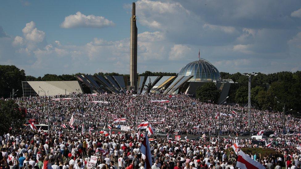 Thousands of people attend a rally in support of the Belarusian opposition