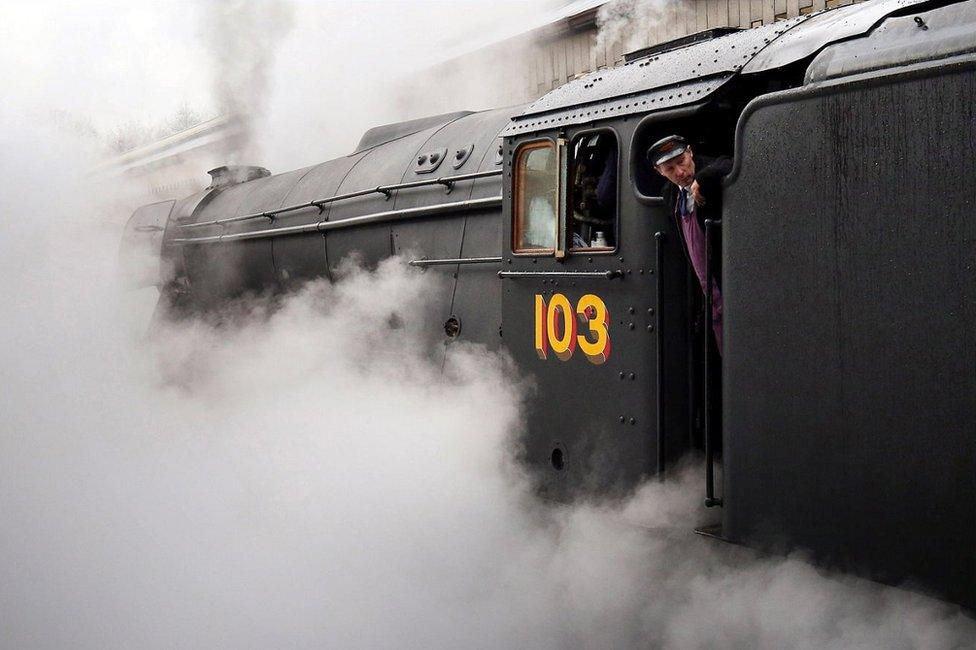 Man in cab of Flying Scotsman