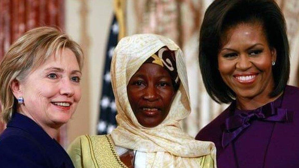 Then Secretary of State Hillary Rodham Clinton with Hadizatou Mani and guest speaker First Lady Michelle Obama in the 3rd annual International Women of Courage Awards ceremony, 2009