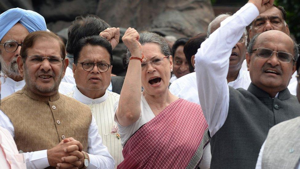 Congress Party President Sonia Gandhi protesting outside parliament