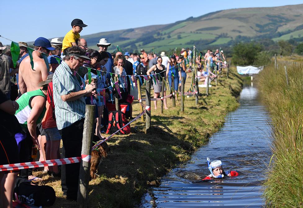 Sian Andrews takes part in the Rude Health World Bogsnorkelling Championships at Waen Rhydd peat bog in Llanwrtyd Wells