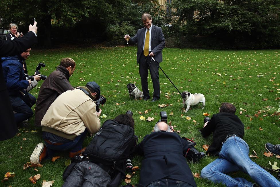 David Amess MP poses for photographers with his dogs Lily and Bo as MPs and their dogs wait for the results of the Westminster Dog of The Year competition in Victoria Tower Gardens on 10 October 2013 in London