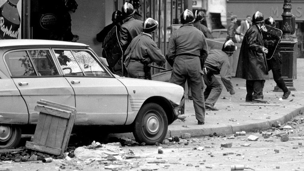 May 1968 police under hail of cobble stones in Paris