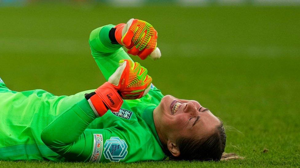 Mary Earps of England celebrates after winning the UEFA Women's Euro England 2022 final match between England and Germany at Wembley Stadium on July 31, 2022 in London,