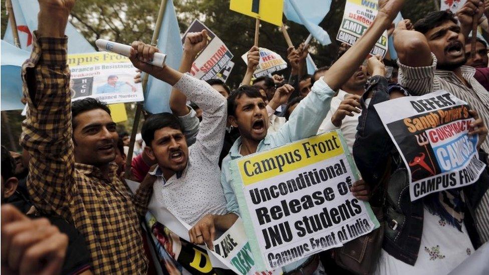 Demonstrators pictured at a protest march in New Delhi, India, March 1, 2016