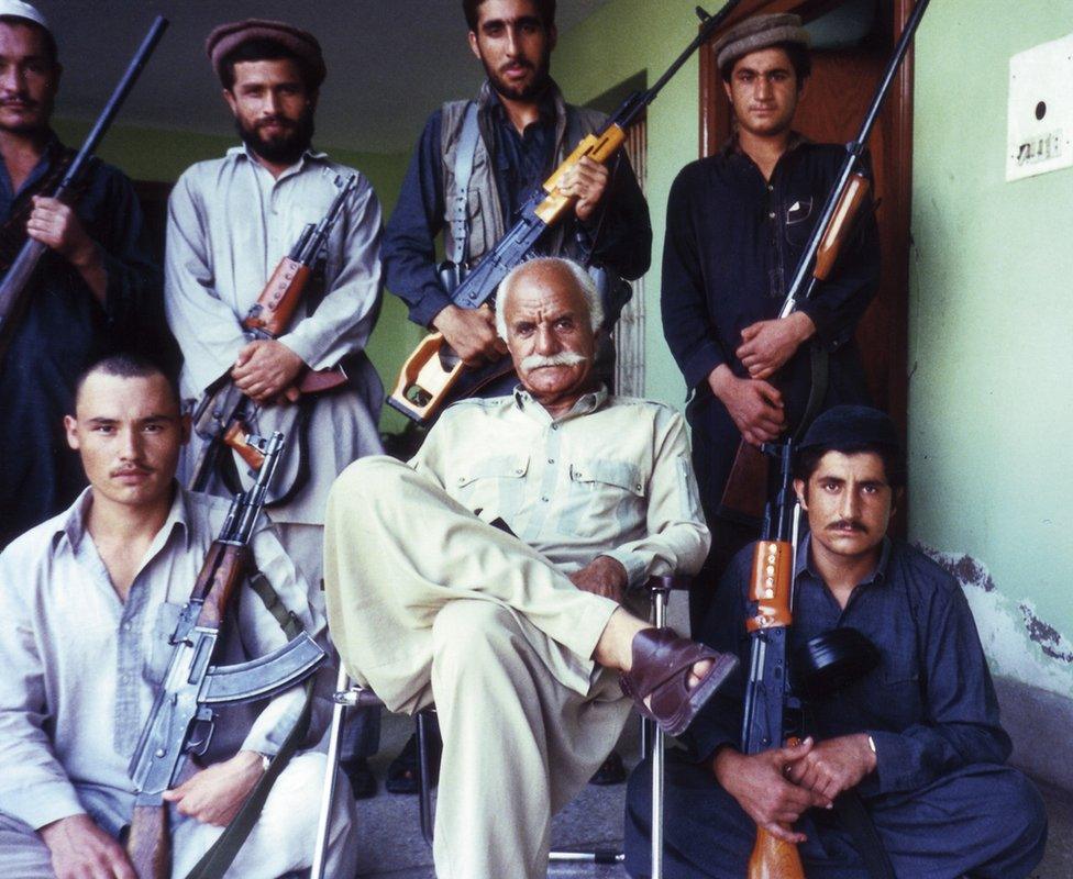 Members of the Mujahideen holding guns in Afghanistan in 1988