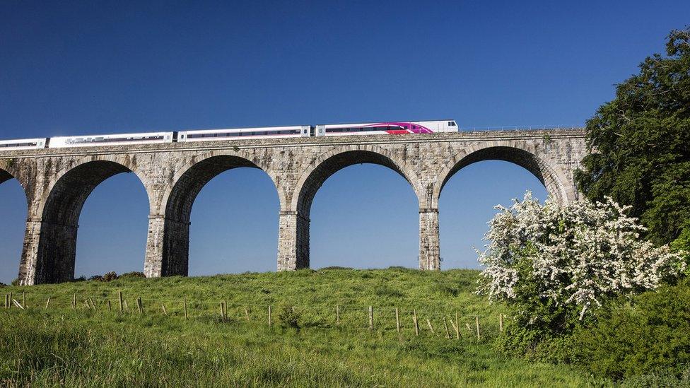 An Enterprise train crosses the Craigmore viaduct near Newry