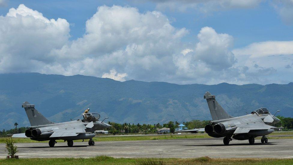 French Rafale fighter jets at an air force base in Aceh province, on 19 May