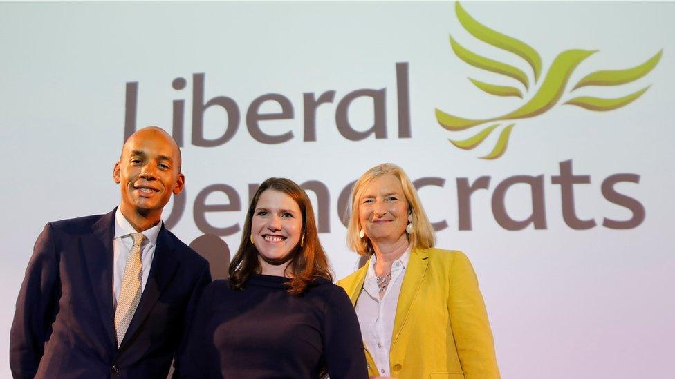 Chuka Umunna with his new party leader, Jo Swinson, and fellow defector, MP Sarah Wollaston