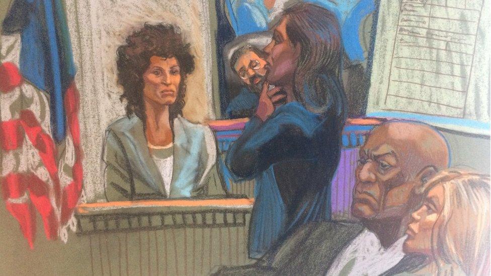 Court sketch of Andrea Constand (L) testifying feet away from Bill Cosby (second R)