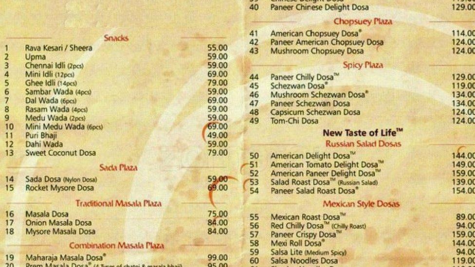 A menu from Dosa Plaza, a popular chain in India