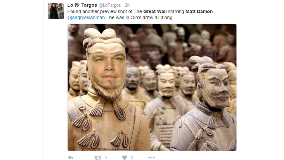 "Found another preview shot of The Great Wall starring Matt Damon- he was in Qin's army all along"