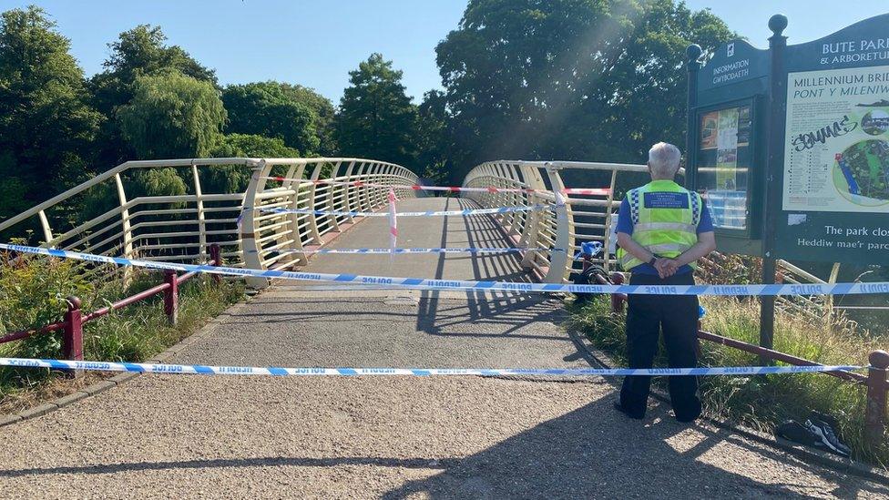 A police cordon on Millennium Bridge, Bute Park