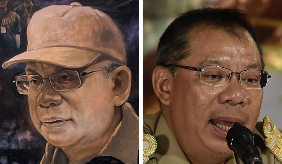 A mural image of Narongsak Osotthanakorn on the left side and a photo of Narongsak Osotthanakornon the right side