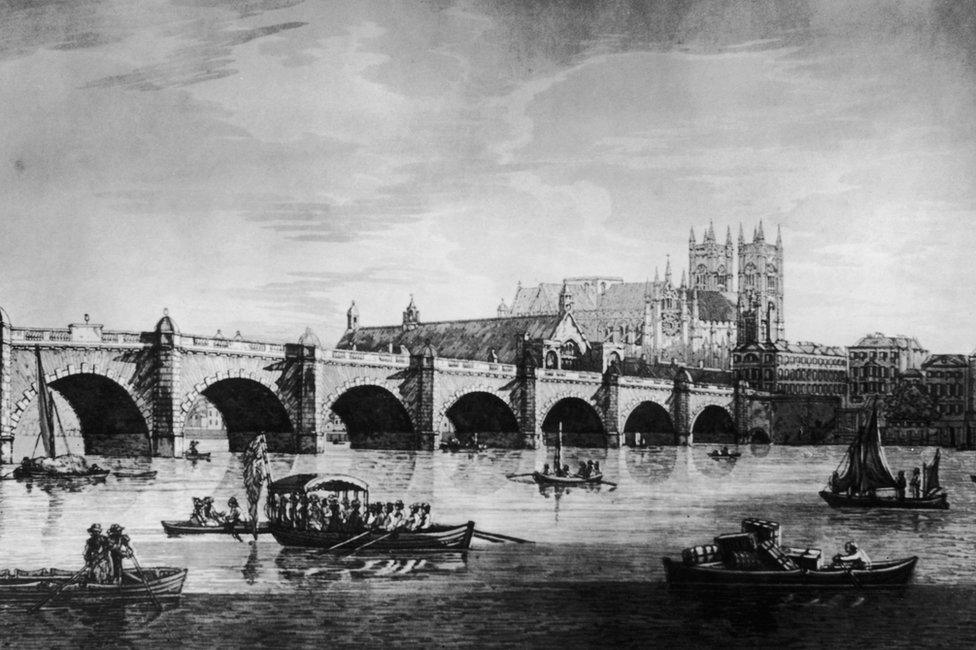 Westminster Bridge across the River Thames in London, with the Palace of Westminster or Houses of Parliament on the far side, circa 1790