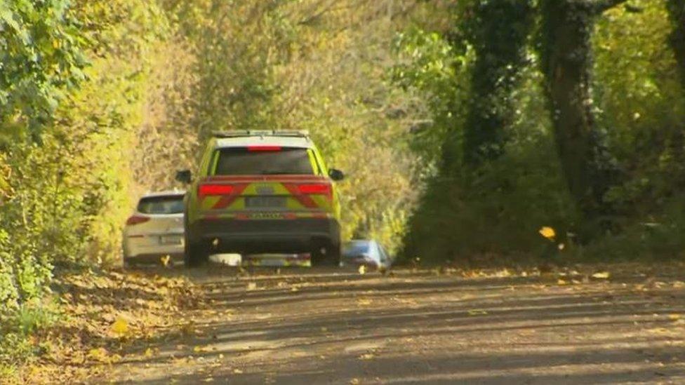 The scene of the shooting, showing the back of a police car
