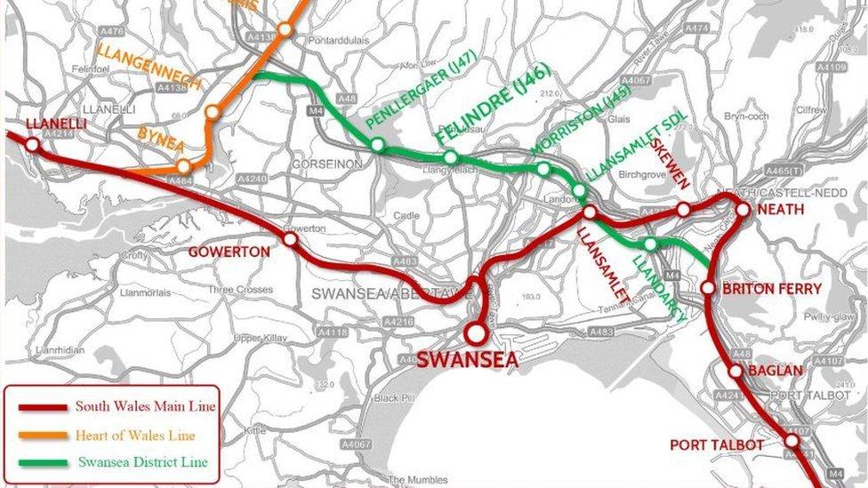 Map of railway lines around Swansea