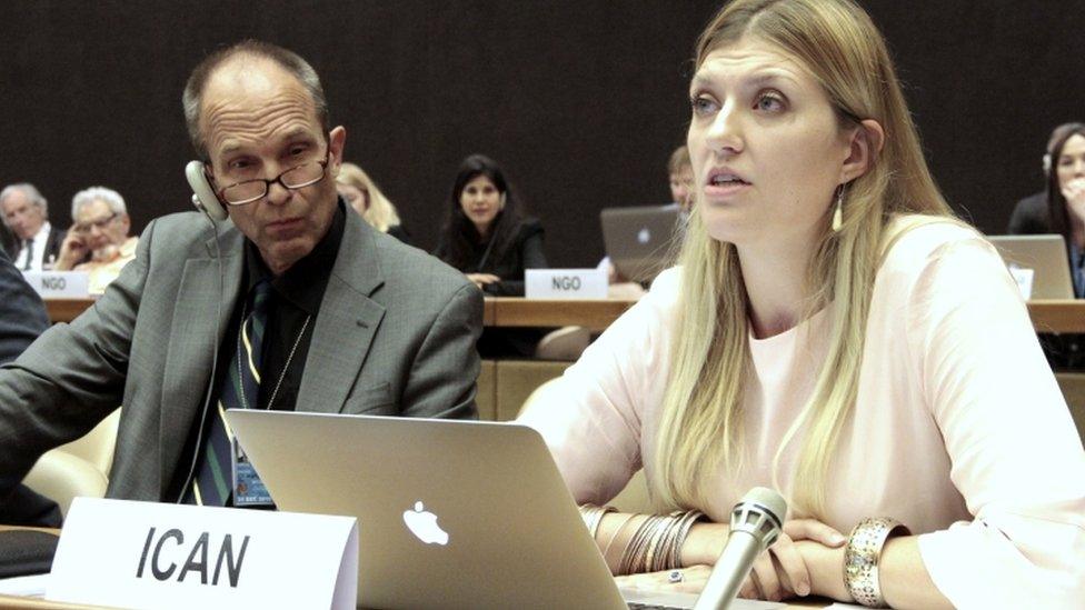 Ican director Beatrice Fihn pictured addressing a UN working group toward a ban in 2015