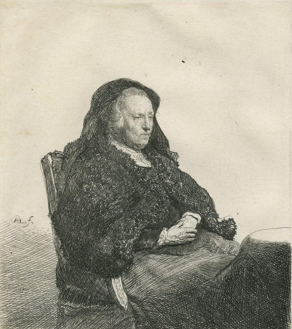 Rembrandt Harmensz van Rijn's Mother Seated at a Table, Looking right, three-quarter Length (II/III), 1631. Etching on paper. 14.9 x 13.1 cm