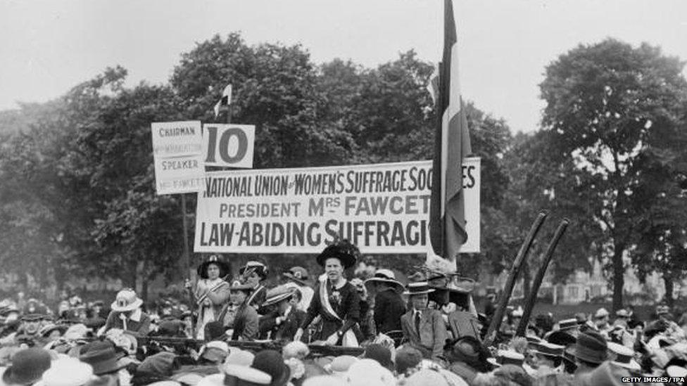 Dame Millicent Fawcett, (1847 - 1929), addressing a meeting in Hyde Park as president of the National Union of Women's Suffrage Societies