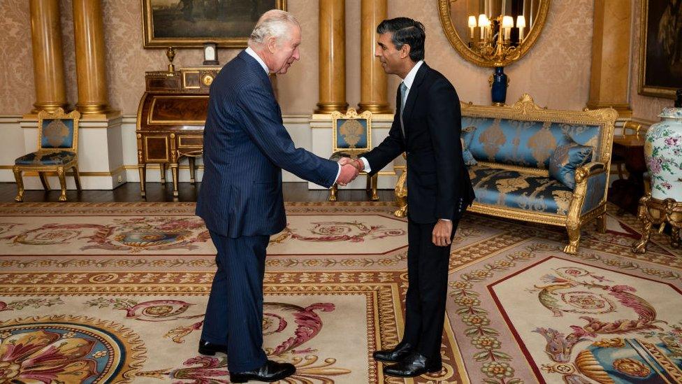 rishi sunak shakes hands with king charles iii at buckingham palace