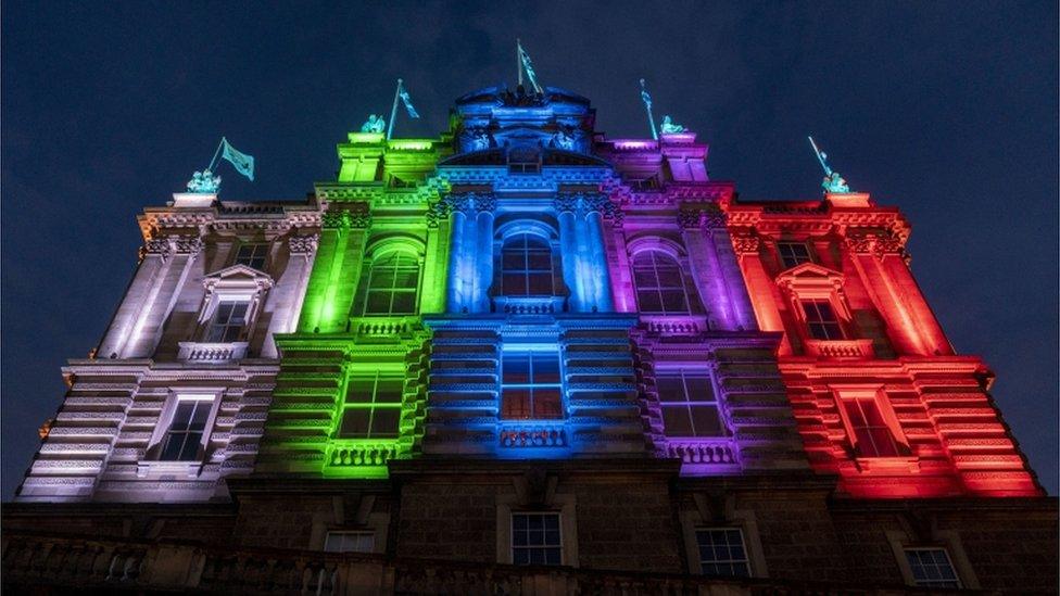 Bank of Scotland headquarters lit up