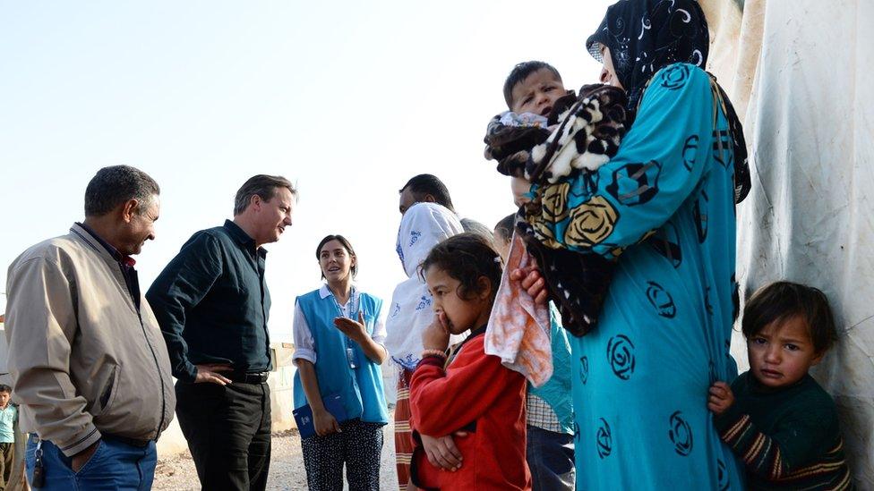 David Cameron meets with refugees at a camp in Lebanon last week.