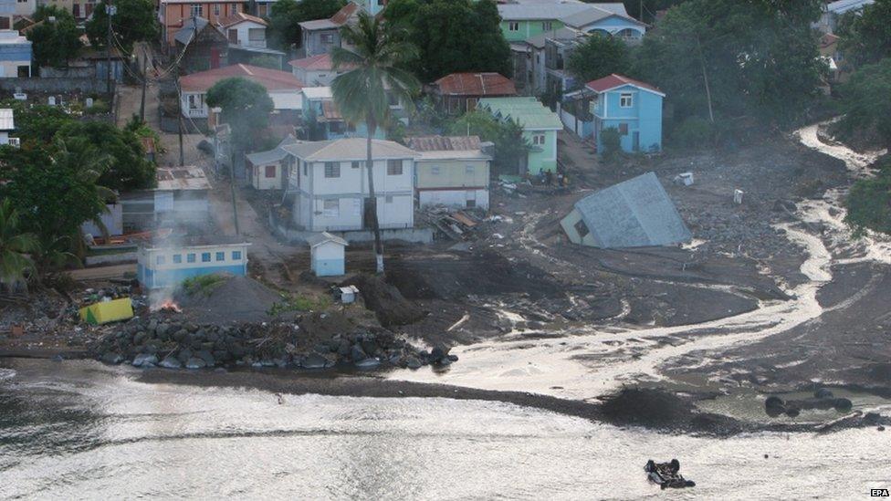 Washed-away buildings south of Coulihaut, Dominica, 2 Sep 15