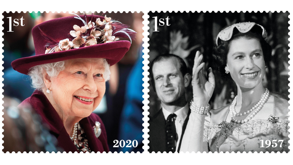 Two stamps commemorating the Queen