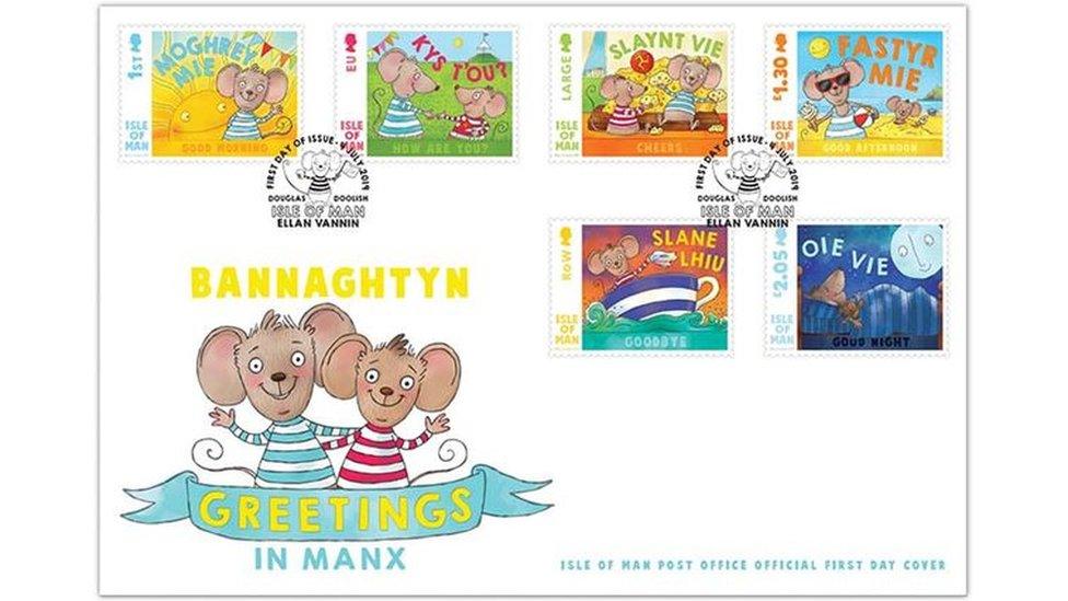 Six Manx language stamps featuring cartoon mice