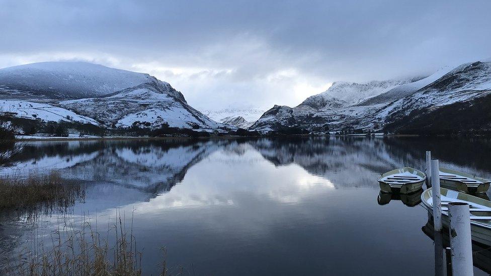 Lake Baladeulyn, Nantlle, with a snowy Snowdon in the background