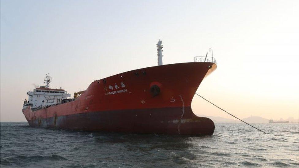 The Lighthouse Winmore, chartered by Taiwanese company Billions Bunker Group Corp., is seen at sea off South Korea"s Yeosu port on December 29, 2017.