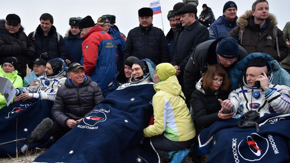 ISS crew after touchdown in Kazakhstan. 2 March 2016