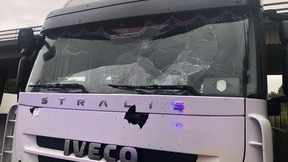 HGV with smashed windscreen