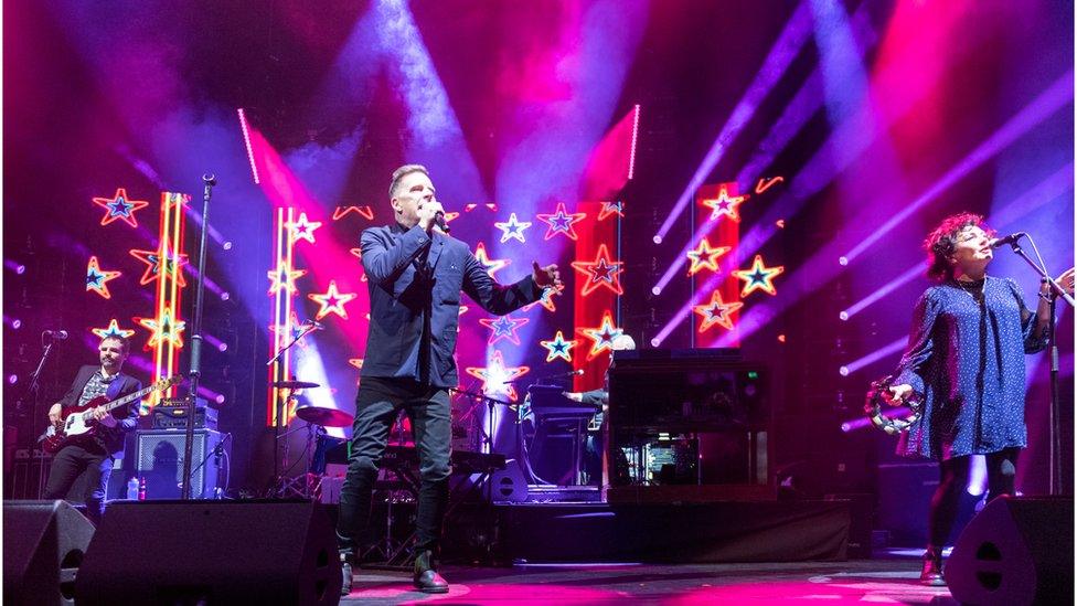 Lewis Gordon, Ricky Ross and Lorraine McIntosh of Deacon Blue perform on stage at Usher Hall on December 08