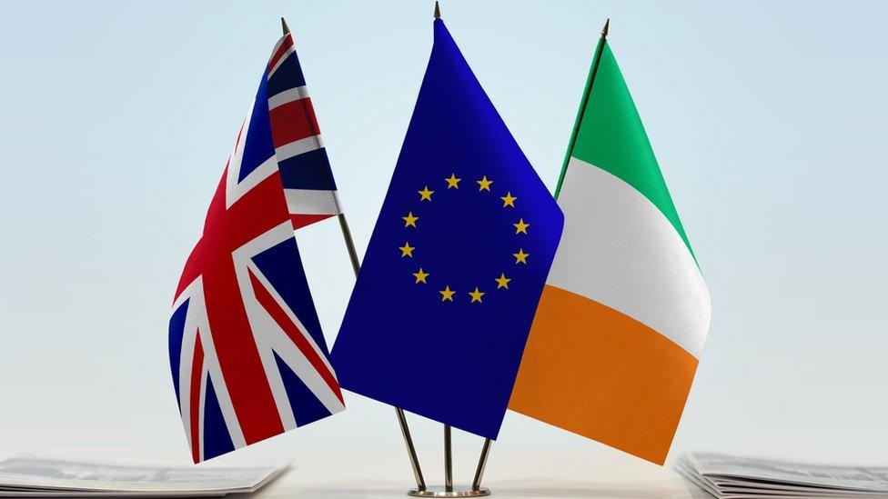 Union flag, EU flag and Republic of Ireland flag