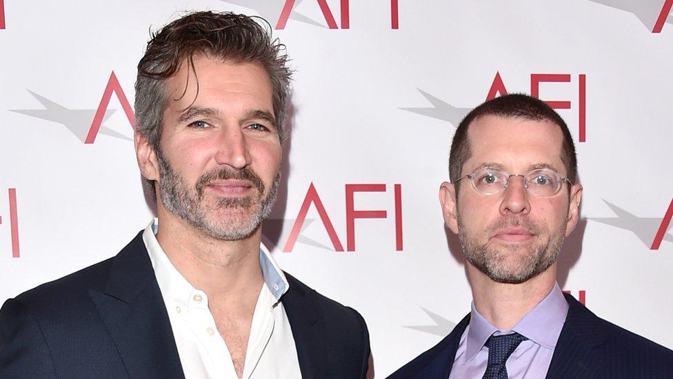 David Benioff (left) and DB Weiss (R) pictured in front of an American Film Institute banner at an awards ceremony in 2017