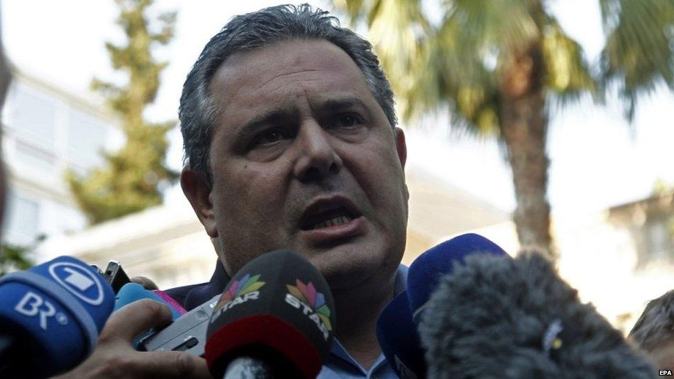 Greek Minister of Defence and leader of Independent Greeks Panos Kammenos makes statements to reporters after his meeting with Greek Prime Minister Alexis Tsipras