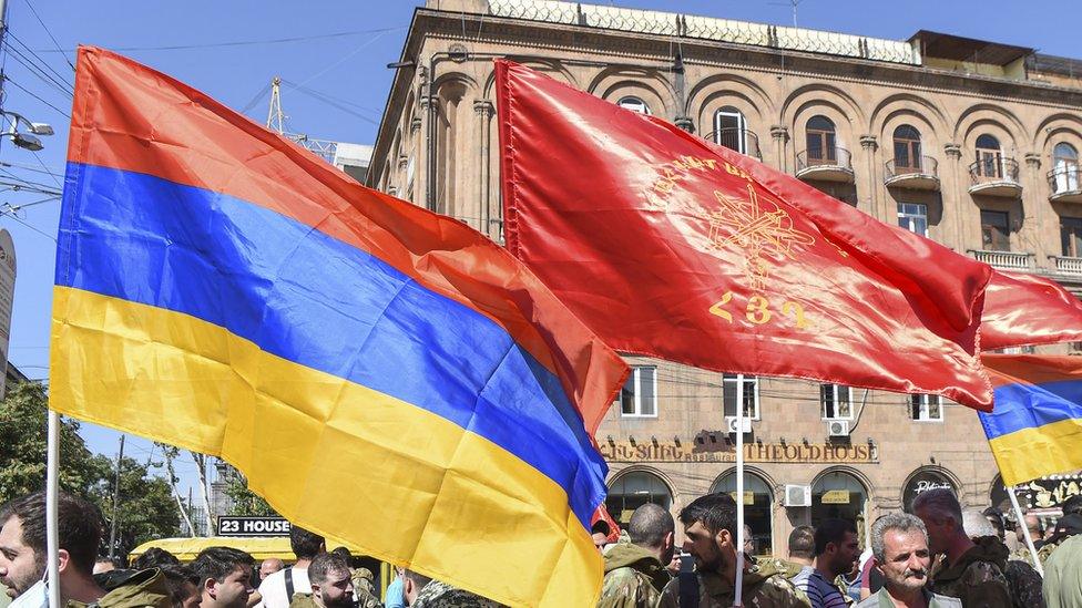 Military volunteers in the Armenian capital, Yerevan