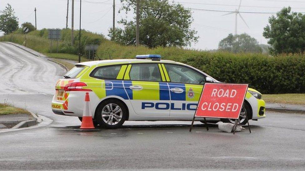 Police near to Staveley Road, in Duckmanton, near Chesterfield, Derbyshire