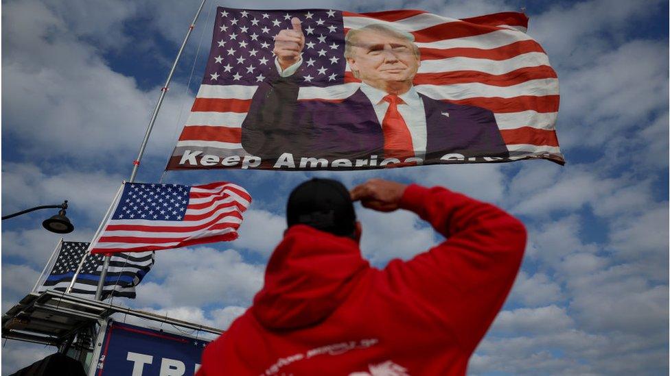 A protester in Florida salutes a Trump flag