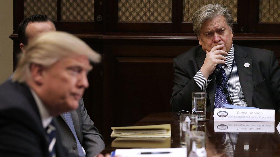 Former Breitbart News chief executive Steve Bannon (right) in a White House meeting with US President Donald Trump